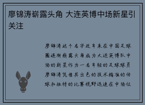 廖锦涛崭露头角 大连英博中场新星引关注